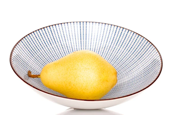 One Ripe Organic Yellow Pear Ceramic Plate Close Isolated White — Fotografia de Stock