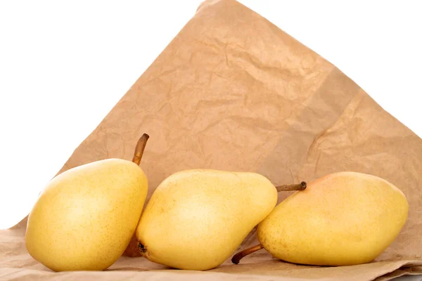 Three Organic Yellow Pears Paper Bag Close Isolated White — Fotografia de Stock