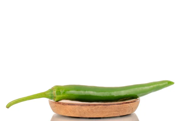 One Green Hot Pepper Wooden Plate Macro Isolated White Background — 图库照片