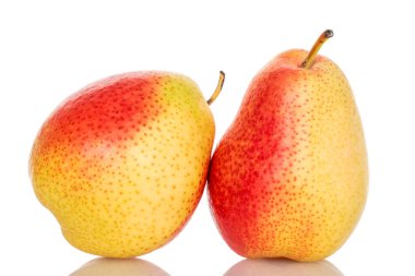 Beyaz arka planda, bir jüt çantada iki organik sarı-kırmızı armut..