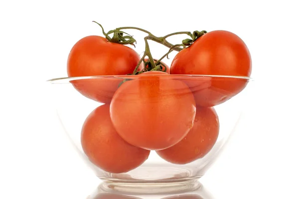 Several Fresh Tomatoes Branch Glass Plate Macro Isolated White Background — Stock Photo, Image