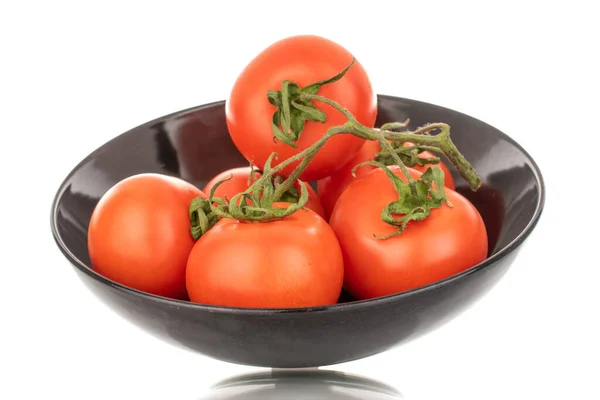 Several Fresh Tomatoes Branch Black Plate Macro Isolated White Background — Stock Photo, Image