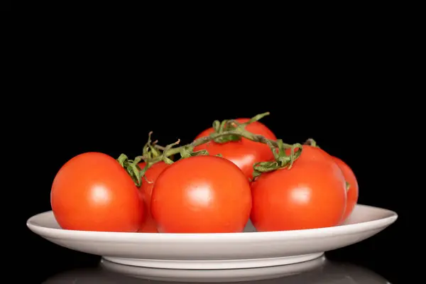 白いプレート マクロ 黒の背景に隔離されたブランチ上のいくつかの新鮮なトマト — ストック写真