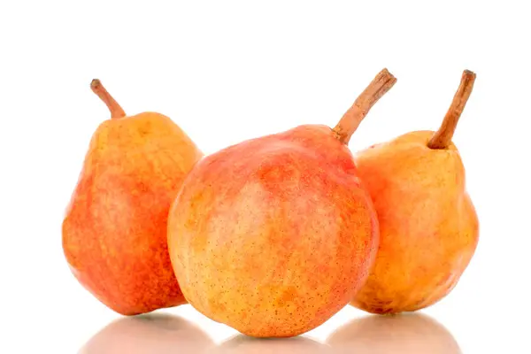Three Organic Bartlett Pears Macro Isolated White Background — Stock Photo, Image
