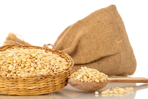 stock image Pearl barley in straw bowl with wooden spoon and jute bag, macro, isolated on white background.