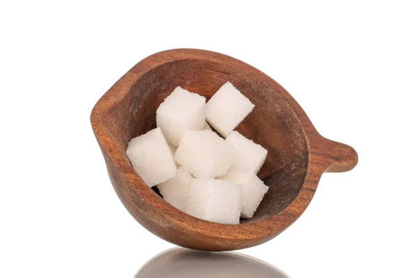 Vários Cubos Açúcar Branco Com Xícara Madeira Macro Isolado Fundo — Fotografia de Stock