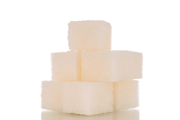Vários Cubos Açúcar Branco Macro Isolado Fundo Branco — Fotografia de Stock