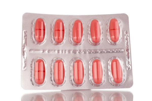 Кілька Медичних Таблеток Блістерній Упаковці Макро Ізольовані Білому Тлі — стокове фото