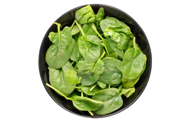 Fresh Green Spinach Leaves Black Ceramic Plate Isolated White Background — Stock Photo, Image
