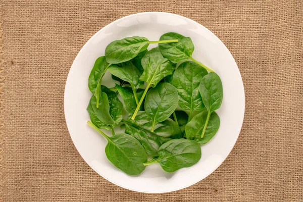 Fresh Green Spinach Leaves White Plate Jute Cloth Macro Top — Stock Photo, Image