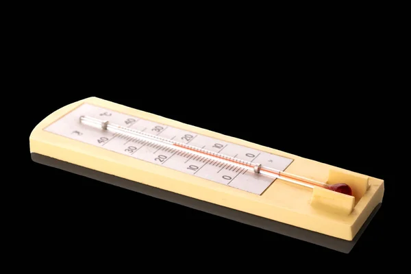 Termômetro Para Medir Temperatura Ambiente Macro Isolado Fundo Preto — Fotografia de Stock