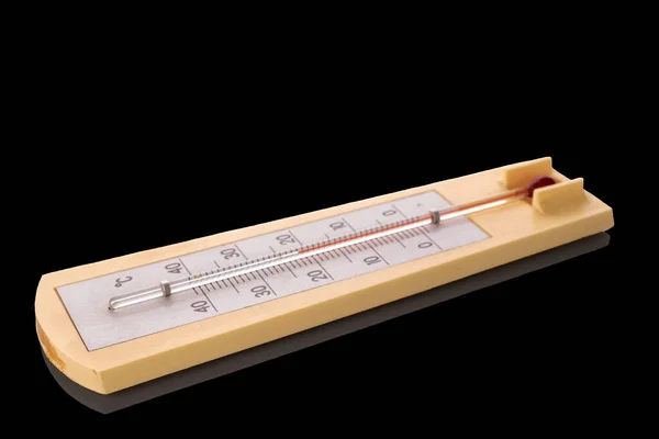 One Thermometer Measuring Room Temperature Macro Isolated Black Background — Stock Photo, Image