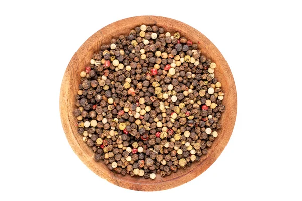 Mixture Four Peppercorns Wooden Saucer Macro Isolated White Background Top — Stock Photo, Image