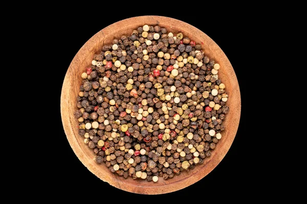 Mixture Four Peppercorns Wooden Saucer Macro Isolated Black Background Top — Stock Photo, Image