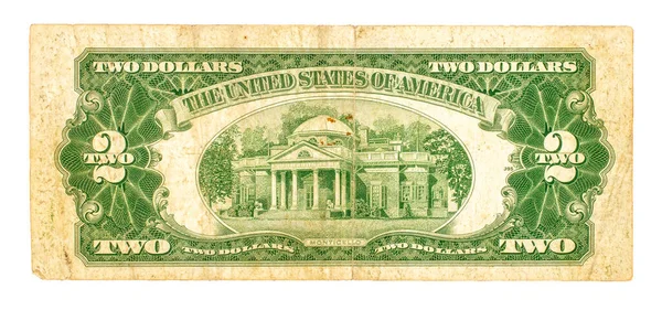 Один Папір Старий Американець Два Долари Ізольований Білому Тлі Макрос — стокове фото