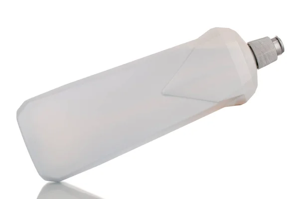 Jeden Plastikowy Pojemnik Płyn Makro Izolowany Białym Tle — Zdjęcie stockowe