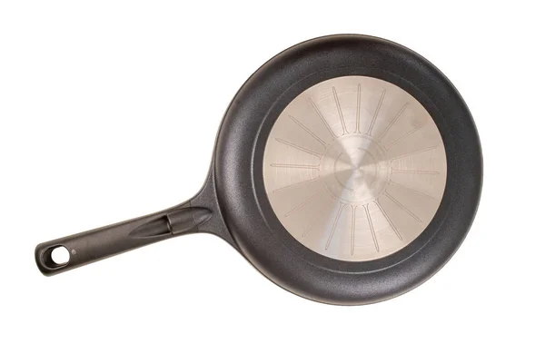 One Metal Frying Pan Macro Isolated White Background Top View — Stock Photo, Image