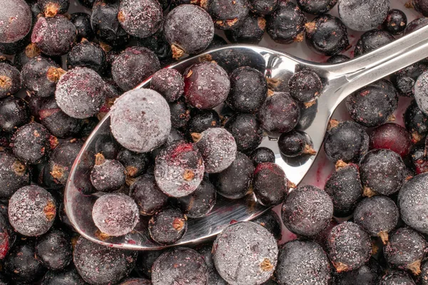 stock image Frozen black currant with metal spoon, macro, top view.