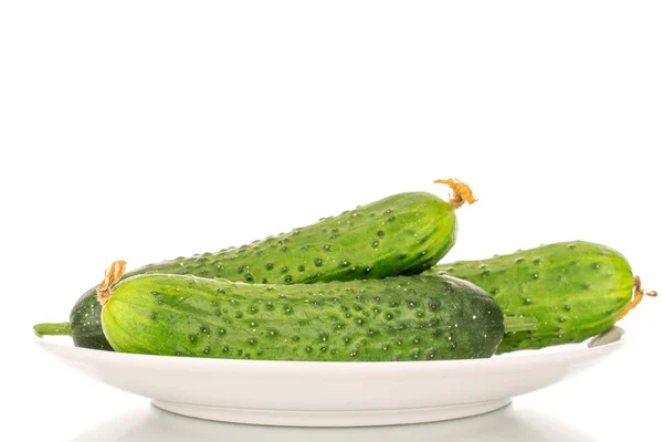 Drie Rijpe Groene Komkommers Een Witte Keramische Plaat Macro Geïsoleerd — Stockfoto