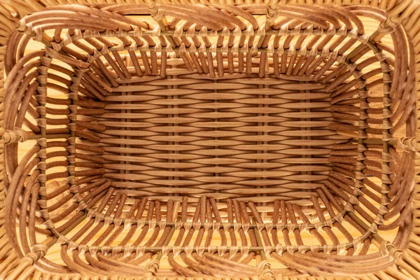 One Basket Woven Vines Wooden Table Close Top View — Stock Photo, Image