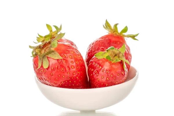 Several Ripe Juicy Strawberries White Ceramic Saucer Macro Isolated White — Stock Photo, Image