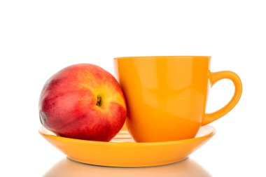 Bir adet olgun nektarin seramik bir fincan üzerinde, makro, beyaz arka planda izole edilmiş..