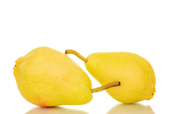 Stock image Two bright yellow pears, macro, isolated on white background.