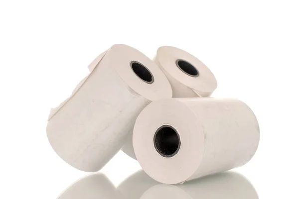 Három Tekercs Papír Pénztárgép Szalag Közelkép Elszigetelt Fehér Alapon — Stock Fotó