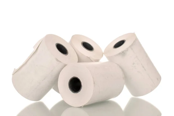 Négy Tekercs Papír Pénztárgép Szalag Közelkép Elszigetelt Fehér Alapon — Stock Fotó