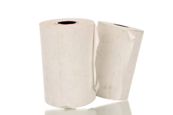 Két Tekercs Papír Pénztárgép Szalag Közelkép Elszigetelt Fehér Alapon — Stock Fotó