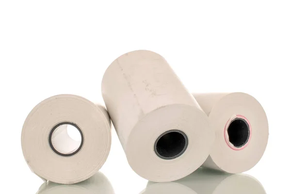 Három Tekercs Papír Pénztárgép Szalag Közelkép Elszigetelt Fehér Alapon — Stock Fotó