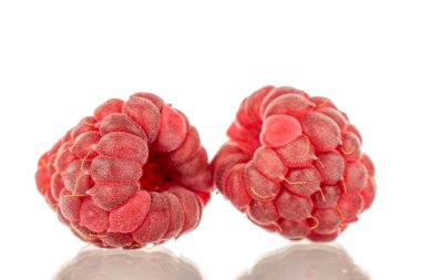 İki tatlı ahududu, makro, beyaz arka planda izole edilmiş..