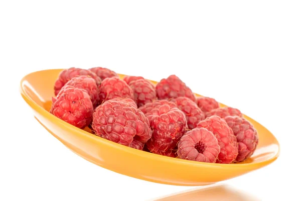 Few Sweet Raspberries Yellow Ceramic Saucer Macro Isolated White Background — Stock Photo, Image