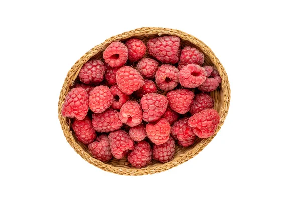 Several Organic Raspberries Straw Plate White Background Macro Top View — Stock Photo, Image