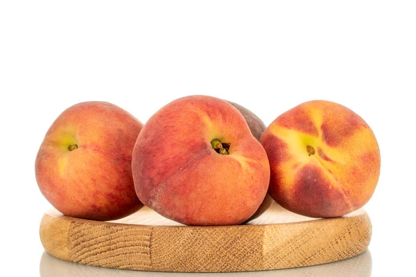 Several Ripe Organic Peaches Wooden Tray Macro Isolated White Background — Stock Photo, Image