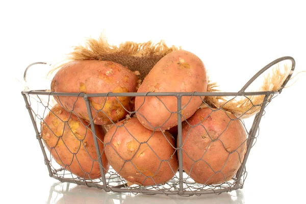 Kilka Organicznych Różowych Surowych Ziemniaków Koszem Makro Izolowanych Białym Tle — Zdjęcie stockowe