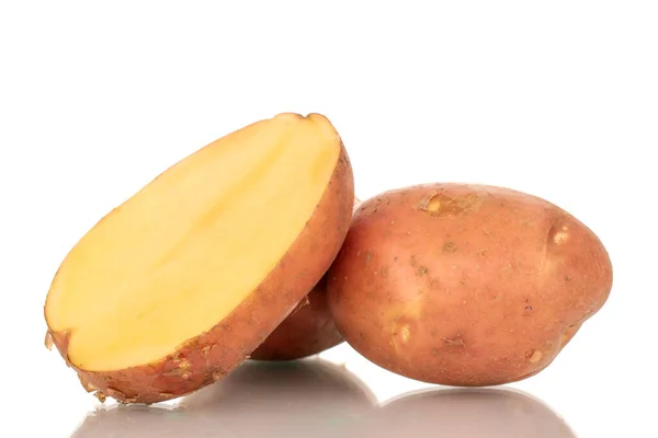 Two Whole Pink Raw Potatoes Half Macro Isolated White Background — Stock Photo, Image