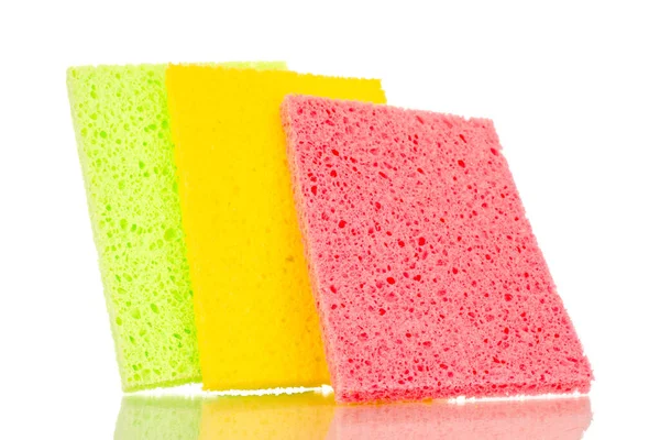 stock image Three colored cellulose kitchen sponges, macro, isolated on white background.