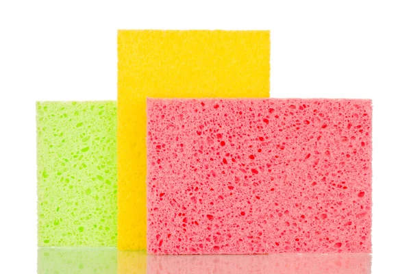 Three Colored Cellulose Kitchen Sponges Macro Isolated White Background — Stock Photo, Image