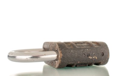 One metal lock, macro, isolated on white background.