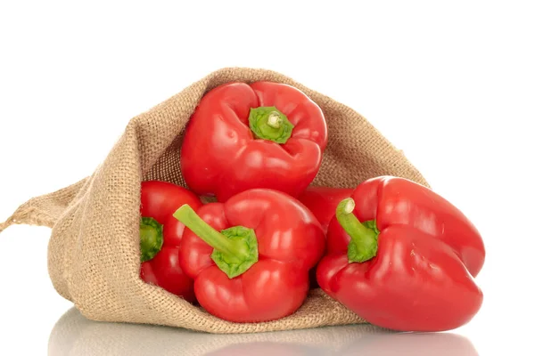 Several Red Bell Peppers Jute Sack Macro Isolated White Background — Stock Photo, Image