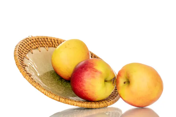 Three Sweet Juicy Apples Ceramic Plate Macro Isolated White Background — Stock Photo, Image