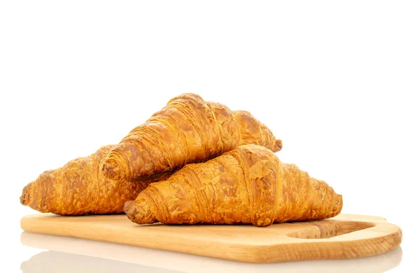 Tre Doftande Croissanter Med Choklad Fyllning Träskiva Närbild Isolerad Vit — Stockfoto