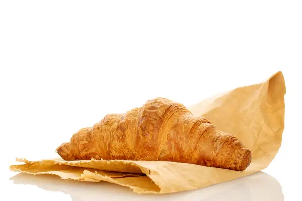 Doftande Croissant Med Choklad Fyllning Påse Hantverkspapper Närbild Isolerad Vitt — Stockfoto