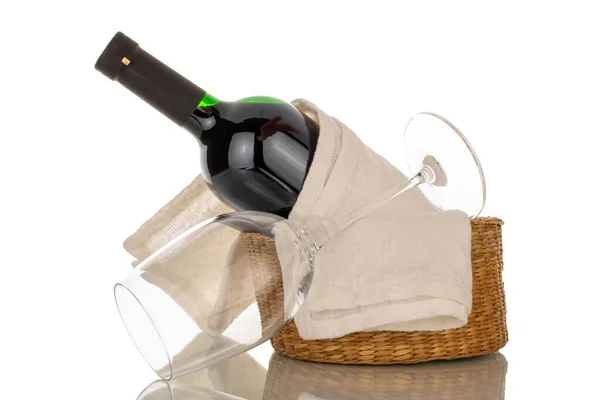 One Bottle Red Wine Straw Basket Glass Goblet White Linen — Stock Photo, Image