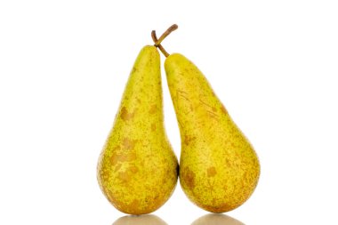 İki olgun armut, makro, beyaz arka planda izole edilmiş..