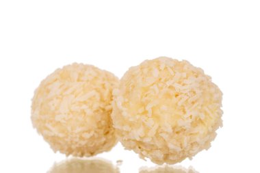 Fındıklı ve hindistan cevizli iki şeker, makro, beyaz arka planda izole edilmiş..