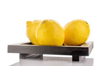 Siyah ahşap tepside üç parlak sarı organik limon, makro, beyaz arka planda izole edilmiş..