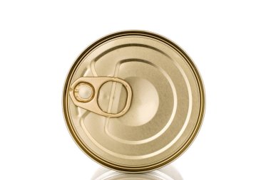 Bir metal et kutusu, makro, beyaz arka planda izole edilmiş..