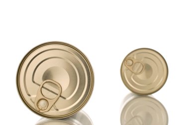 Two metal canned meat, macro, isolated on white background.